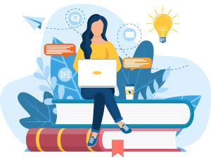 Illustration of woman completing self study course on a laptop